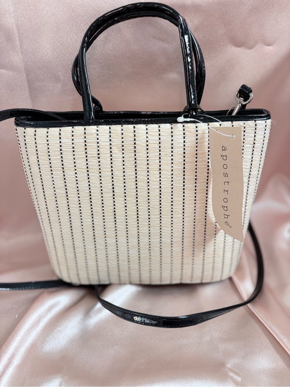 Vintage Apostrophe Woven Straw Mini Tote with Black Patent Accent (NWT)
